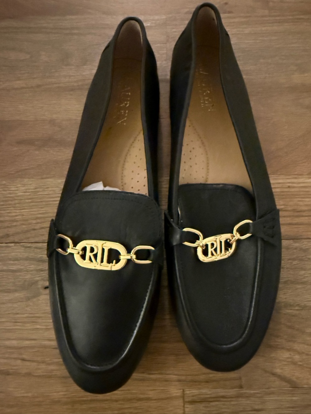 Ralph Lauren Black Leather Loafers with Gold RL Hardware